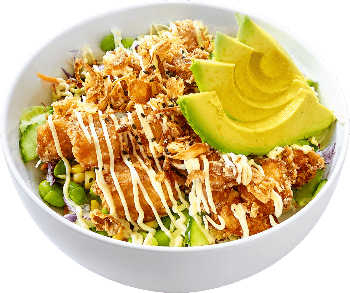 Japanese fried chicken bowl with avocado from Ichiban Pokedon